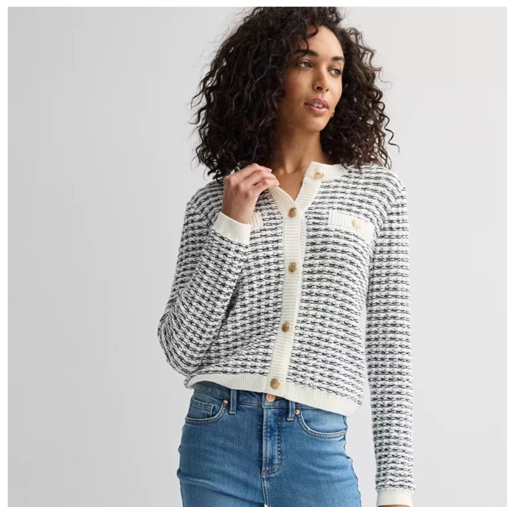INDUSTRY Black & White Textured Button Front Sweater Jacket - XL